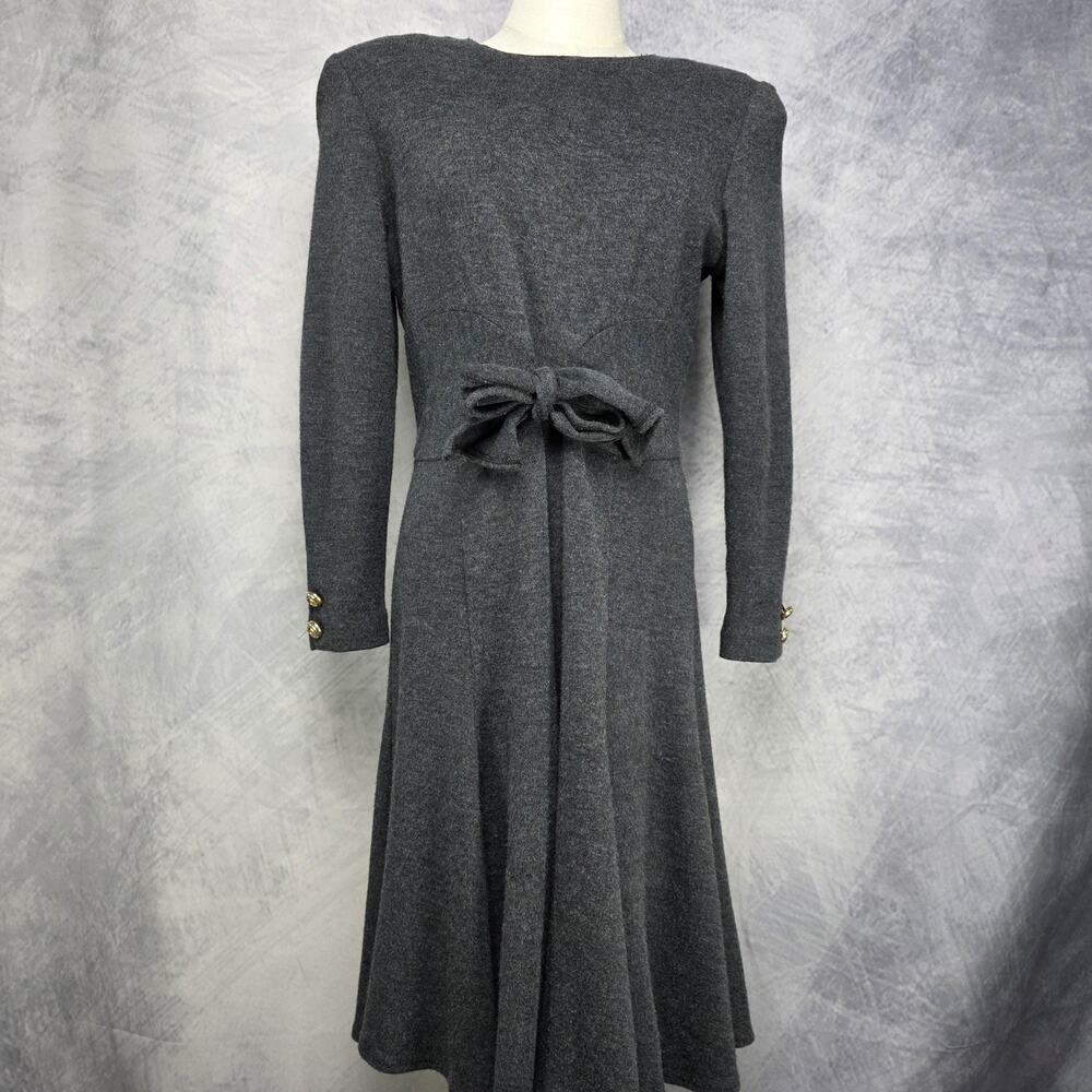 Vintage Kwai Dress Womens 14 Petite Gray Knit Fit & Flare Sweater Midi Bow USA